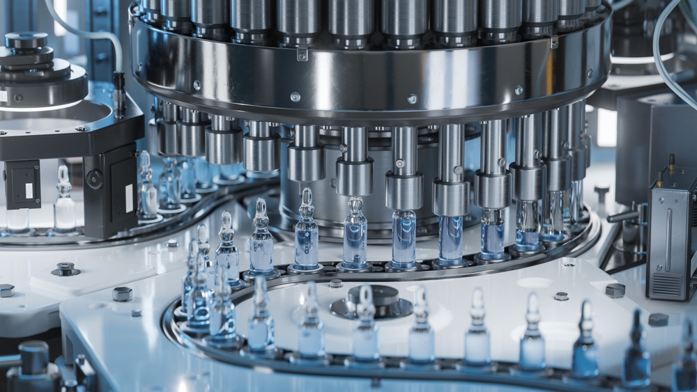 A machine fills medical vials on a belt – article about medical manufacturing best practices and the importance of sourcing a USP Verified white mineral oil