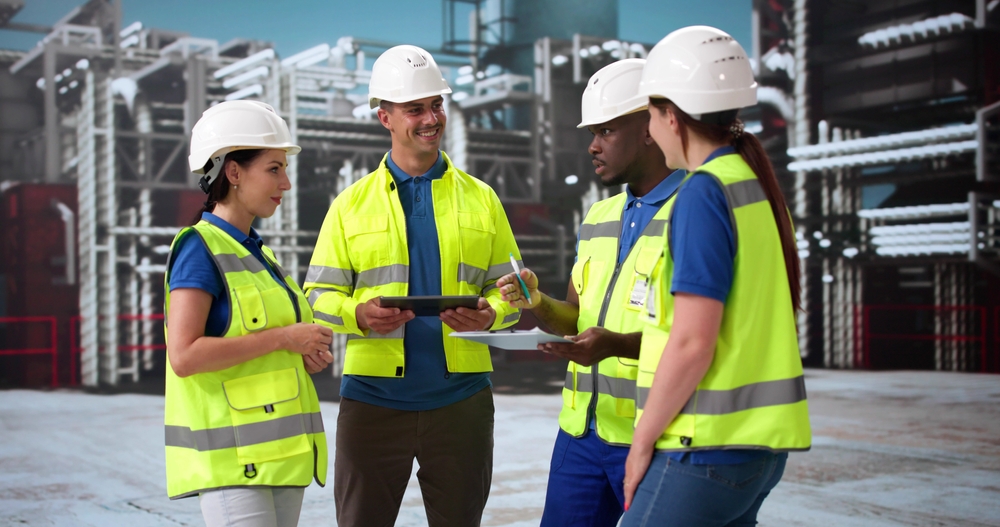 workers conducting an inspection at an oil refinery - article about oil industry sustainability