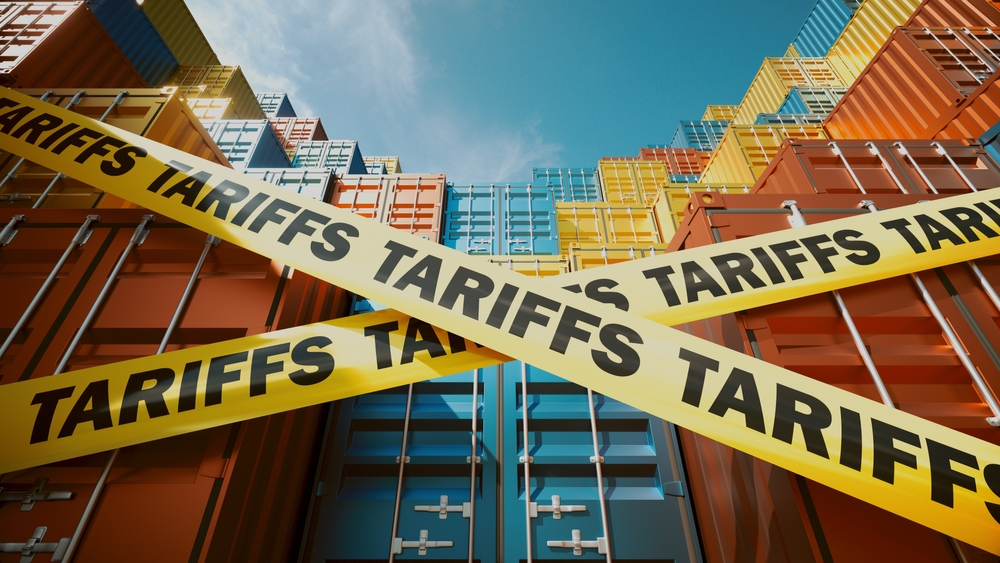 Shipping Containers Blocked by Tariffs Symbolized with Warning Tape - February 2026 oil tariffs update
