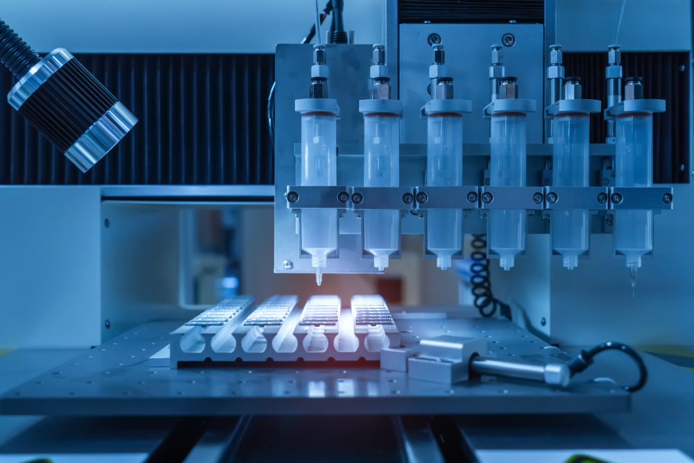 Robot holding glue syringe Injection - article about adhesive extender oil