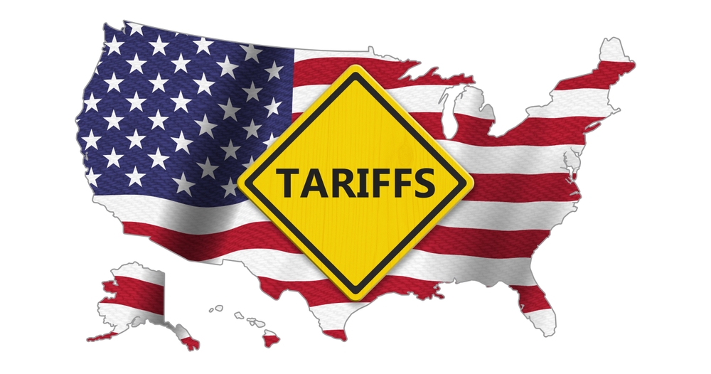 Tariffs warning sign with USA flag stars and stripes map for international trade policy - August 2026 update on oil tariffs and oil shipping
