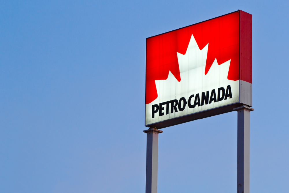 STEWIACKE, CANADA - JULY 9, 2018: white oil producer Petro-Canada fuel station sign