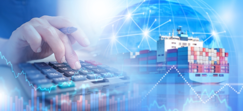 October 2026 Base Oil Supplier Update on Oil Tariffs and Oil Shipping Ship with containers near planet earth and hand typing into a calculator - article is an update on U.S. import tariffs and global shipping from base oil supplier Renkert Oil